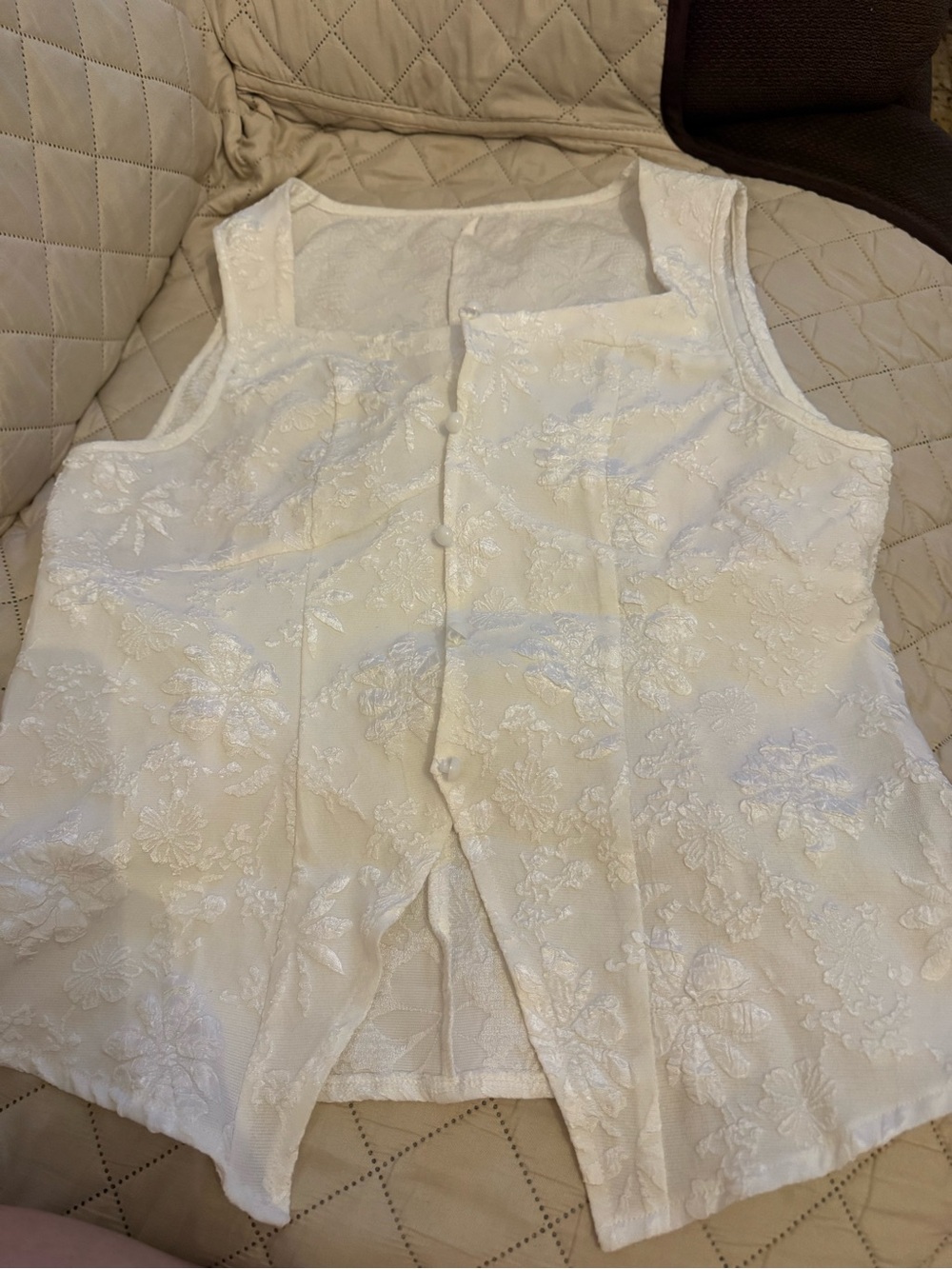 Shein Ivory Floral Brocade Button-Front Vest
